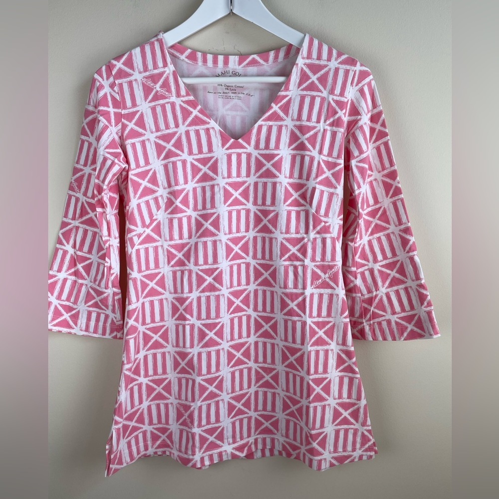 Mahi Gold Spinnaker Nautical Tunic Top 3/4 Sleeves pink & white V-Neck